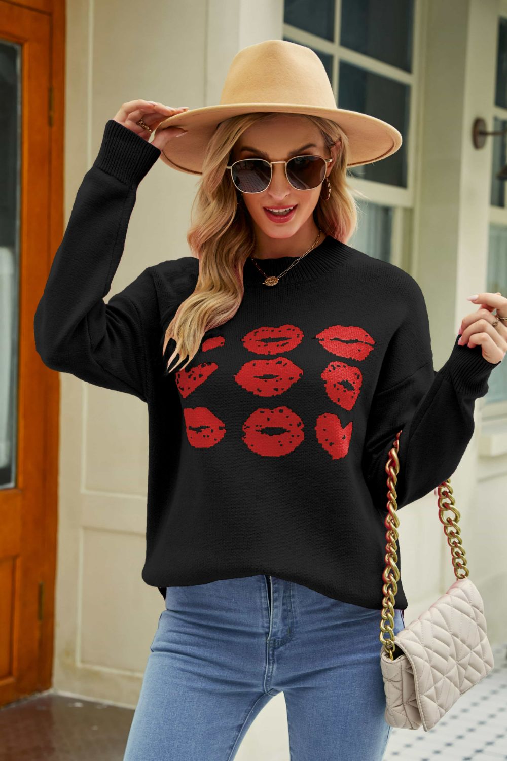 Woven Right Lip Graphic Slit Dropped Shoulder Sweater