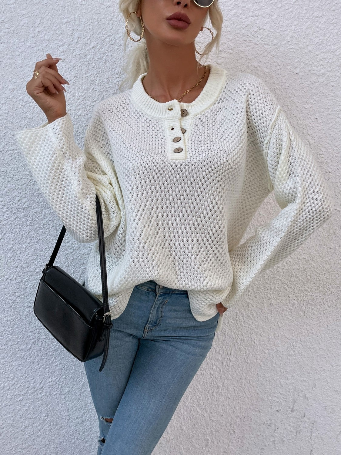 Quarter-Button Slit Sweater