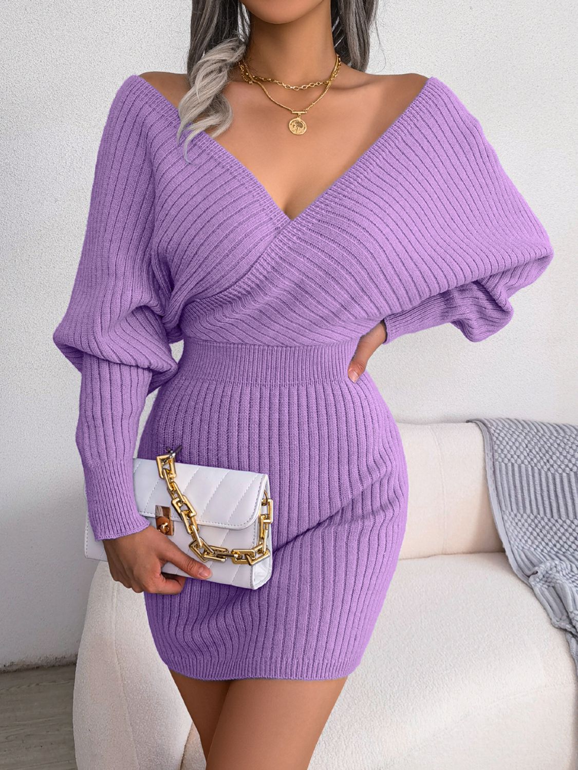 Rib-Knit Dolman Sleeve Sweater Dress