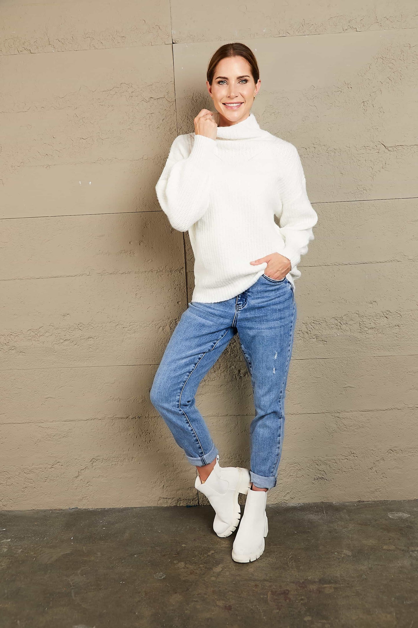 Woven Right High Neck Balloon Sleeve Rib-Knit Pullover Sweater