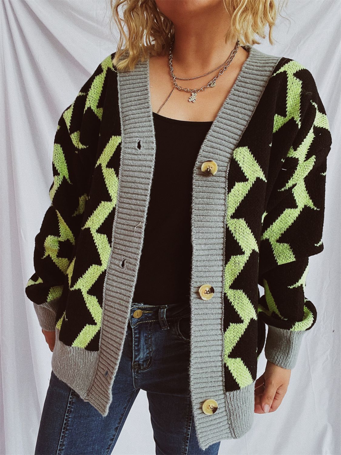 Contrast Trim Geometric V-Neck Long Sleeve Cardigan