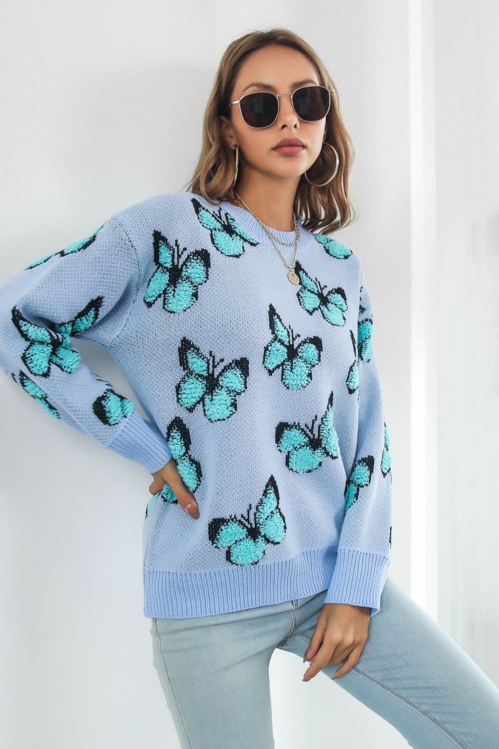 Butterfly Pattern Round Neck Dropped Shoulder Sweater