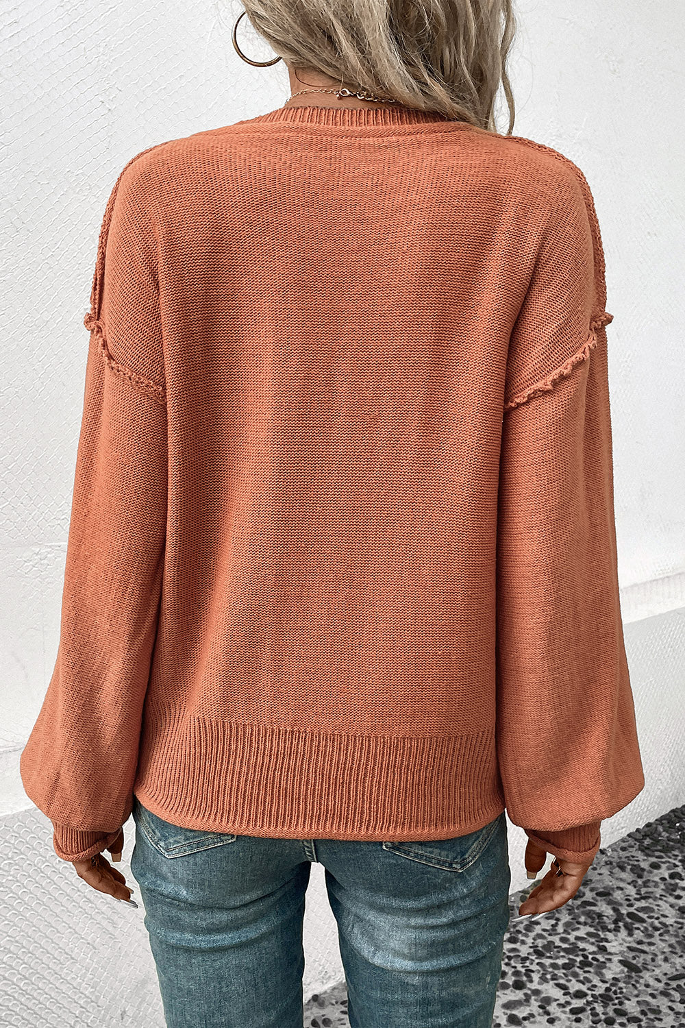 Perfee V-Neck Exposed Seam Sweater