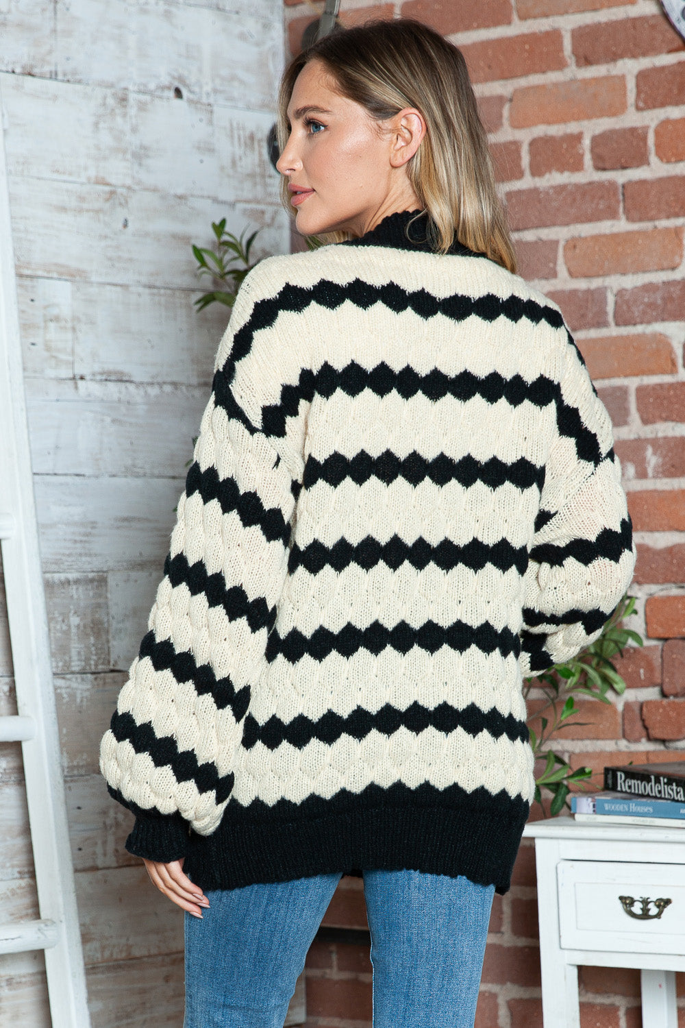 Striped Contrast Open Front Long Sleeve Cardigan