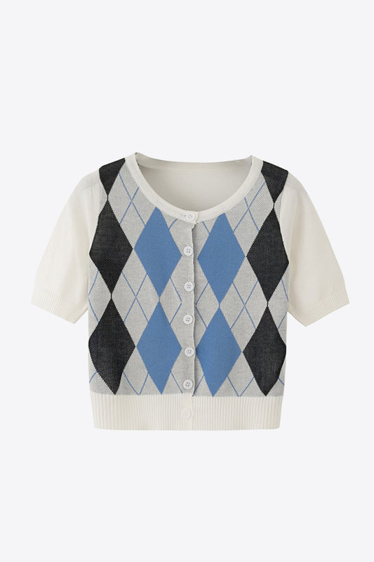 Argyle Round Neck Ribbed Trim Cardigan