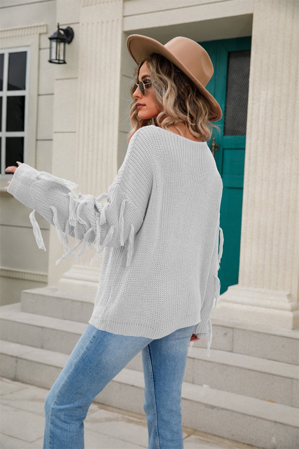 Angel Wings Ribbed Round Neck Fringe Detail Sweater